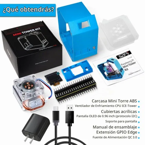 Vista 2 de GeeekPi Kit de mini torre con fuente de alimentación QC3.0 para Raspberry Pi 4, Pi 4 con enfriador de torre ICE, módulo OLED de 0.96 pulgadas