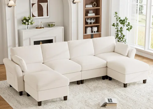 Vista 13 de Legend Vansen Sofá modular seccional, cómodo sofá modular en forma de U de 6 asientos con espacio de almacenamiento y diván, sofás seccionales Crema