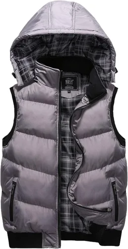 Vista 7 de WENKOMG1 Chaleco con capucha con doble cremallera para hombre, abrigo de color sólido, abrigo cálido y grueso, sin mangas, chaqueta suelta