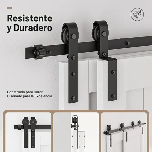 Vista 6 de CCJH Kit de herrajes para puerta corrediza de granero de 4 pies para 2 puertas, sistema de riel de un solo riel deslizante suavemente
