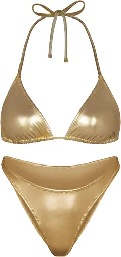 Vista 6 de Conjunto de bikini metálico para mujer, traje de baño retro brillante plateado de 2 piezas, traje de baño triangular halter