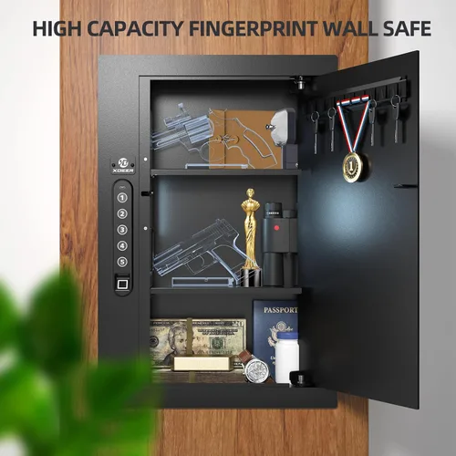 Vista 8 de XDeer Caja fuerte de seguridad de pared plana oculta en la pared, caja fuerte biométrica oculta para huellas dactilares, cajas fuertes electrónicas