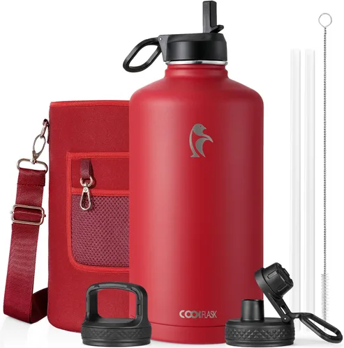 Vista 89 de Coolflask Botella de agua de 24 onzas aislada con pajilla, 3 tapas de metal de acero inoxidable, botella de agua de boca ancha para deportes u