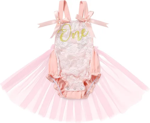 Vista 32 de Traje de bebé niña primer cumpleaños traje de encaje tul mameluco princesa tutú vestido de un año cumpleaños pastel Smash fotografía ropa