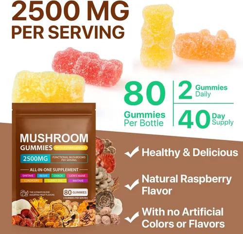 Vista 4 de Gomitas de hongos para adultos, mezcla de 10 hongos con Ashwagandha, pectina vegana, sin gluten, sabor natural a frambuesa, 80