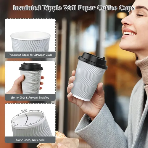Vista 5 de MUCHII Tazas de café desechables de 12 onzas, 100 unidades, tazas con aislamiento ondulado para llevar con tapas y popotes para té, chocolate