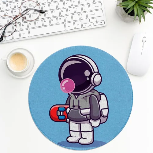 Vista 2 de Alfombrilla de mouse redonda con diseño de astronauta con diseño de caricaturas, pequeña alfombrilla de goma antideslizante para juegos, oficina