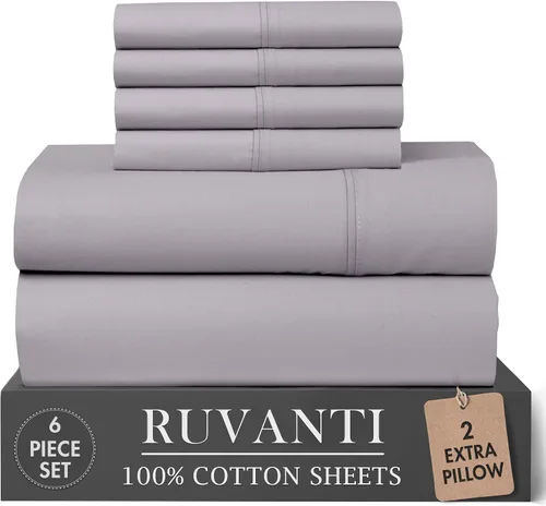 Vista 19 de RUVANTI Juego de sábanas de 4 piezas de algodón 100% natural de percal suave, ligero y transpirable, con bolsillos profundos de 16 pulgadas