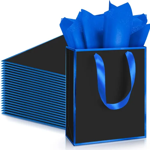 Vista 15 de Yeaqee Paquete de 24 bolsas de regalo de papel metálico con asa y tejido de 9 x 7 x 3.1 pulgadas, papel de aluminio dorado, bolsas de agradecimiento
