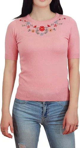 Vista 24 de YEMAK Suéter de Punto Top para Mujer – Media Manga Cuello Redondo Básico Casual Ajuste Clásico Ligero de Punto Suave Pullover Tee