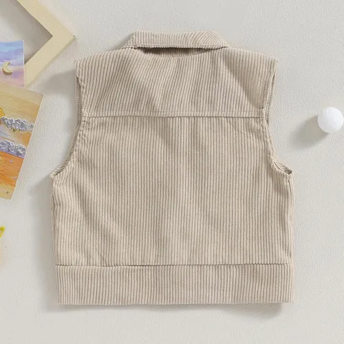 Vista 3 de Omkzanbi Chaleco de pana para niños y niñas, con cuello alto, bolsillo con botones, sin mangas, para otoño e invierno