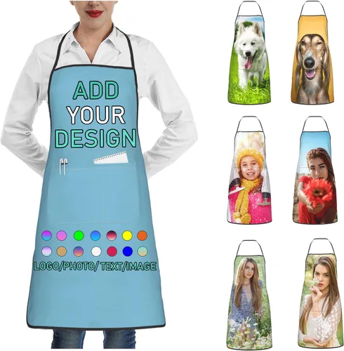 Vista 28 de Delantal personalizado con 2 bolsillos, personalizable con nombre, texto, logotipo, foto, cocina, horneado, delantal de cocina para mujeres y hombres