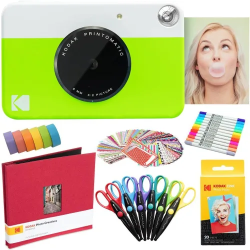 Vista 10 de Kodak Printomatic - Paquete de arte para cámara instantánea (azul) + papel Zink (20 hojas) + álbum de recortes de tela de 8 x 8 + 12 marcadores