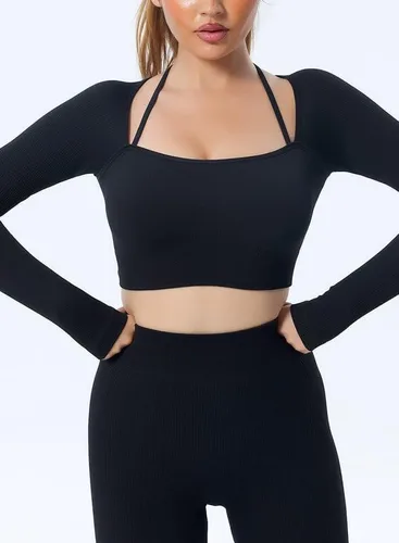 Vista 5 de Dokotoo Camiseta sin mangas para mujer, 2 piezas, acanalada, sin costuras, cuello cuadrado, manga larga, cuello halter, ajustada, camiseta de yoga