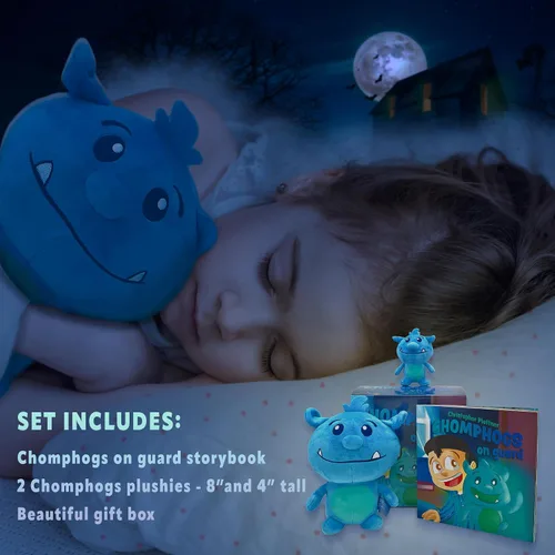 Vista 5 de Mint Bucket Brands Chomphogs on Guard - Protectores de felpa para niños asustados de la oscuridad - Los niños finalmente duermen solos por la noche