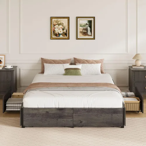 Vista 8 de LIKIMIO Base de cama Queen con 4 cajones de almacenamiento, color gris Gris carbón
