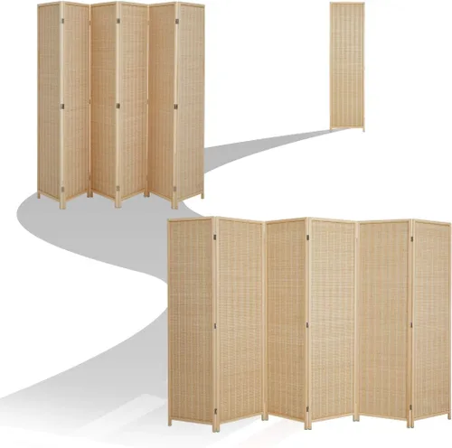Vista 4 de Divisor de habitación con bambú natural, 6 paneles plegables de privacidad, separador de habitación independiente, color beige
