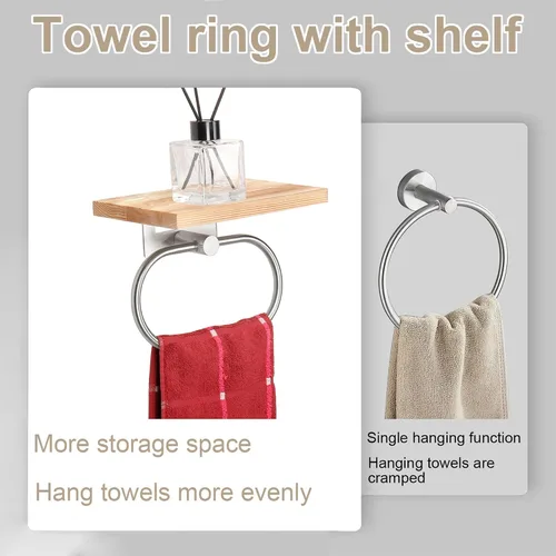 Vista 4 de TocTen Toallero de mano para baño, toalla de pared con estante de madera, toallero de mano de metal de alta calidad, accesorios de baño, colgador