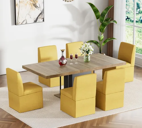 Vista 10 de Juego de mesa de comedor extensible para mesa de cocina extensible de 4, 5 piezas y 4 sillas de almacenamiento ocultas de lino tapizadas de madera