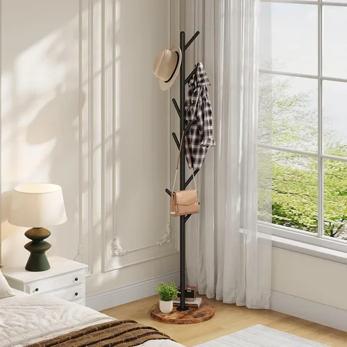 Vista 6 de HOOBRO Perchero con 9 ganchos, perchero de metal independiente con base de madera, árbol de pasillo resistente para entrada, soporte de perchero que