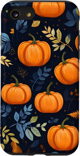 Vista 18 de iPhone 16 Calabazas y Hojas de Otoño Patrón Fondo Oscuro Caso