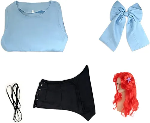 Vista 4 de Disfraz de sirena para mujer, vestido de princesa Ariel con peluca roja, accesorios para trajes de Halloween