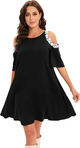 Vista 8 de Aofur Summer Cotton Lace Dress Ladies 2023 Cold Sleeve Casual Plus Size S-XXXL Sundress Women Solid Elegant Party Dress