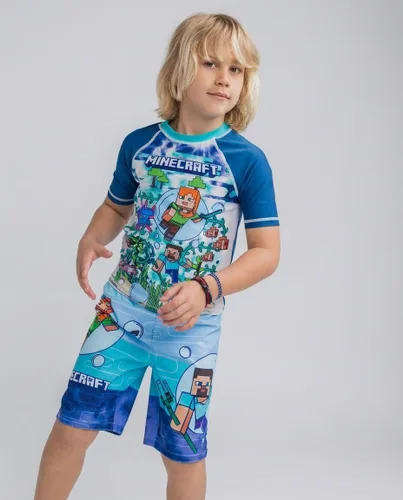 Vista 2 de Minecraft Conjunto de camiseta de protección raglán y traje de baño UPF 50+, tallas de niño a niño grande (4-18-20)
