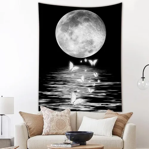 Vista 11 de LB Tapiz pequeño de luna llena sobre océano, tapiz de pared de cielo nocturno estrellado, fantasía 3D, arte de pared de luna grande en blanco
