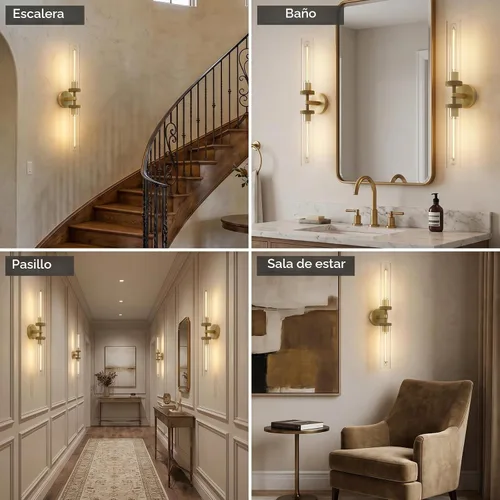 Vista 9 de Lámparas de Pared de Latón Dorado de 2 Luces con Textura Estriada, Lámparas de Pared de Vidrio Doble de 30 Pulgadas, Lámparas de Pared para Tocador