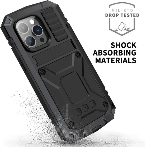 Vista 2 de Funda de metal para iPhone 14 Plus 5G con protector de pantalla y función atril, funda para cámara, resistente armadura militar duradera, cuerpo