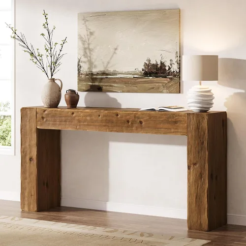 Vista 10 de Mesa Consola de Madera Maciza, Mesa de Sofá Estilo Granja de 63 Pulgadas Detrás del Sofá para Entrada, Sala de Estar, Vestíbulo, Fácil Montaje Negro