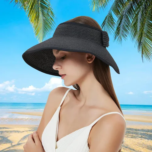 Vista 8 de MAYLISACC Viseras solares plegables de paja para mujer, protección solar de ala ancha, sombrero de playa ajustable en topless