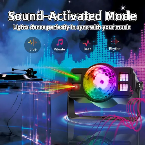Vista 4 de Luces de fiesta de bola de discoteca 3 en 1, luz estroboscópica de DJ activada por sonido con 60 patrones, proyector LED alimentado por USB