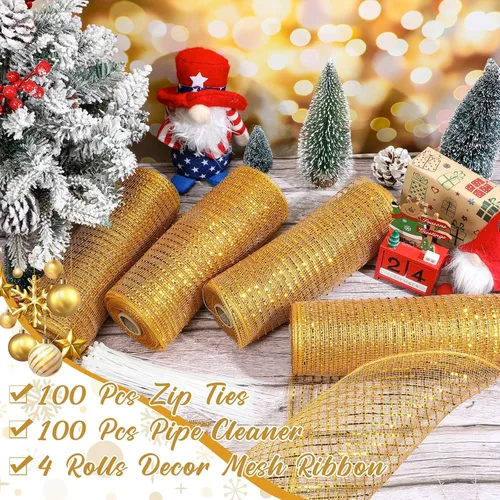 Vista 5 de Funtery 4 Rollos de 40 Yardas de Cinta de Malla Decorativa de Navidad, Cinta de Malla Decorativa con Tallo de Chenilla y Abrazaderas de Plástico