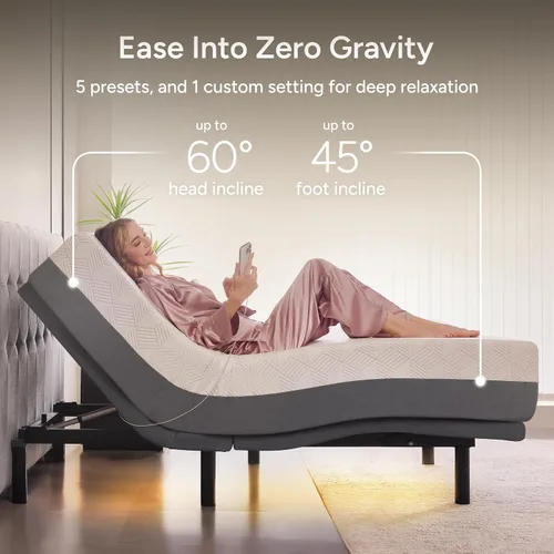 Vista 3 de Base de cama ajustable inteligente con doble masaje eléctrico - USB, luz debajo de la cama, gravedad cero, control de aplicación, inclinación