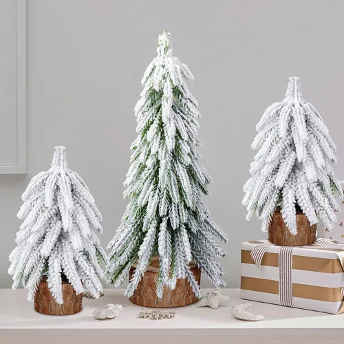 Vista 7 de 3 árboles de Navidad de mesa de nieve, 2 tamaños, mini pinos de mesa con base de madera, árboles de Navidad artificiales de escritorio para Navidad