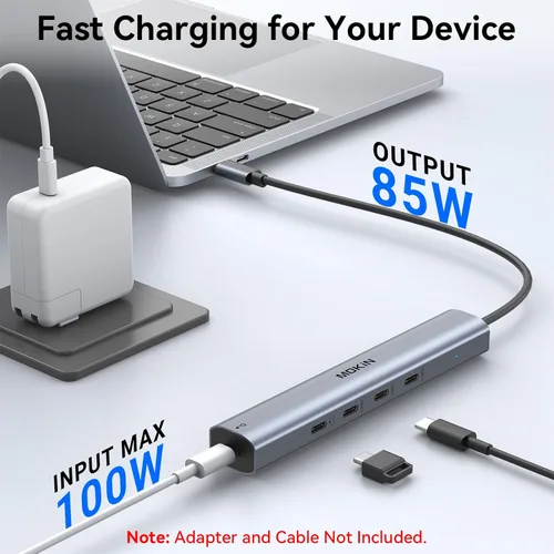 Vista 6 de Hub USB C de 10 Gbps, divisor USB C MOKiN con salida de video 4K a 60Hz, carga PD de 100 W, transferencia de datos, dongle multipuerto USB 4