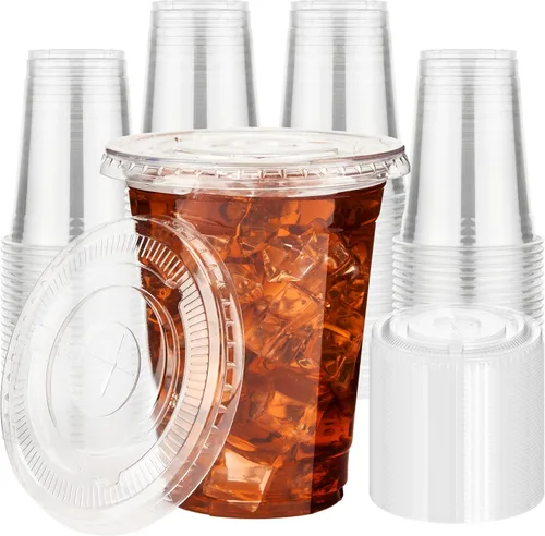 Vista 12 de YEEHAW Paquete de 50 vasos de plástico transparente de 9 onzas con tapas planas, vasos desechables con tapas con ranura para pajita para bebidas