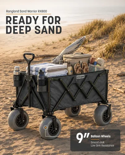 Vista 2 de Carro de playa con ruedas grandes para arena, carrito utilitario con marco de acero todo terreno con neumáticos de 9 pulgadas, diseño plegable