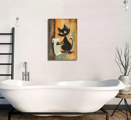 Vista 7 de Divertido Arte de Pared de Baño de Gato Negro en Lienzo Arte de Pared de Gato Abstracto con Imagen de Papel Higiénico Decoración de Pared Póster