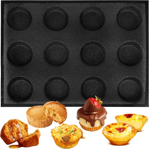 Vista 8 de FUNSHOWCASE Pan redondo bandeja perforada panadería moldes de silicona 24 mini disco cónico bollo malla hornear hoja
