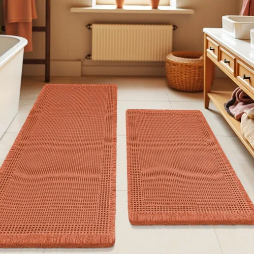 Vista 43 de Tapete de baño con diseño de gofre, moderno, bohemio, absorbente, antideslizante, ultrasuave, lavable a máquina, con letra de baño, dormitorio