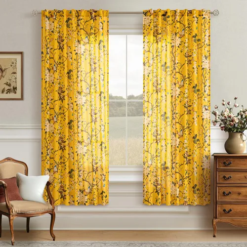 Vista 29 de Cortinas de lino de pájaro floral azul 2 paneles de 72 pulgadas de largo Aqua Blue