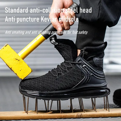 Vista 5 de SYLPHID Zapatos deportivos con punta de acero para hombre, zapatos de seguridad para mujer, zapatos de trabajo altos con cojín de aire, ligeros