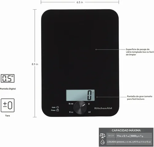 Vista 2 de KitchenAid KQ914BA - Báscula digital de cocina y alimentos con superficie de vidrio, capacidad de 5 kg, mide ingredientes líquidos y secos, botón