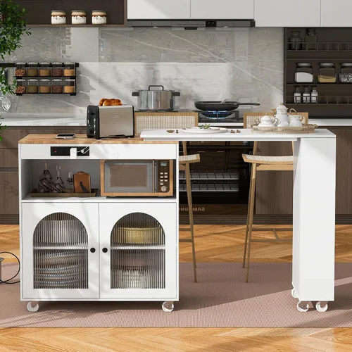 Vista 12 de Carrito móvil de isla de cocina de 52.7 pulgadas con organizadores y almacenamiento superior de madera maciza y ruedas de bloqueo, armario