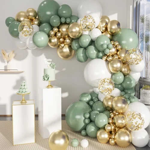 Vista 22 de MEBAY Kit de arco de globos de oro verde, blanco, 146 piezas de confeti dorado cromado metálico verde aguacate y globos de látex blanco