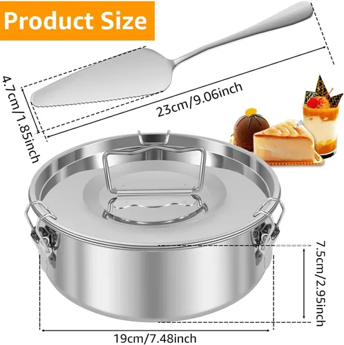 Vista 5 de Molde de flan de acero inoxidable con capacidad de 1.5 cuartos de galón con tapa y espátula, recipientes redondos para flan de 6 a 8 cuartos