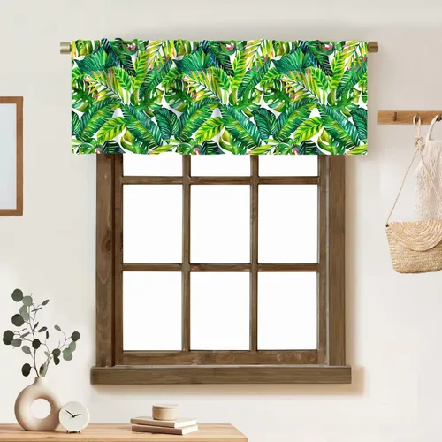 Vista 24 de Cortina de cenefa de hojas verdes tropicales, diseño de hojas de palmera, cenefa con bolsillo para barra, 1 panel, cortinas cortas para cocina